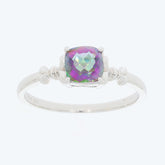 Cushion Purple Mystic Topaz sterling silver ring with accent stones, showcasing its vibrant colors and elegant design.